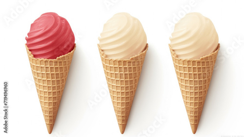 Three ice cream cones arranged in straight line. Perfect for summer themes and dessert concepts
