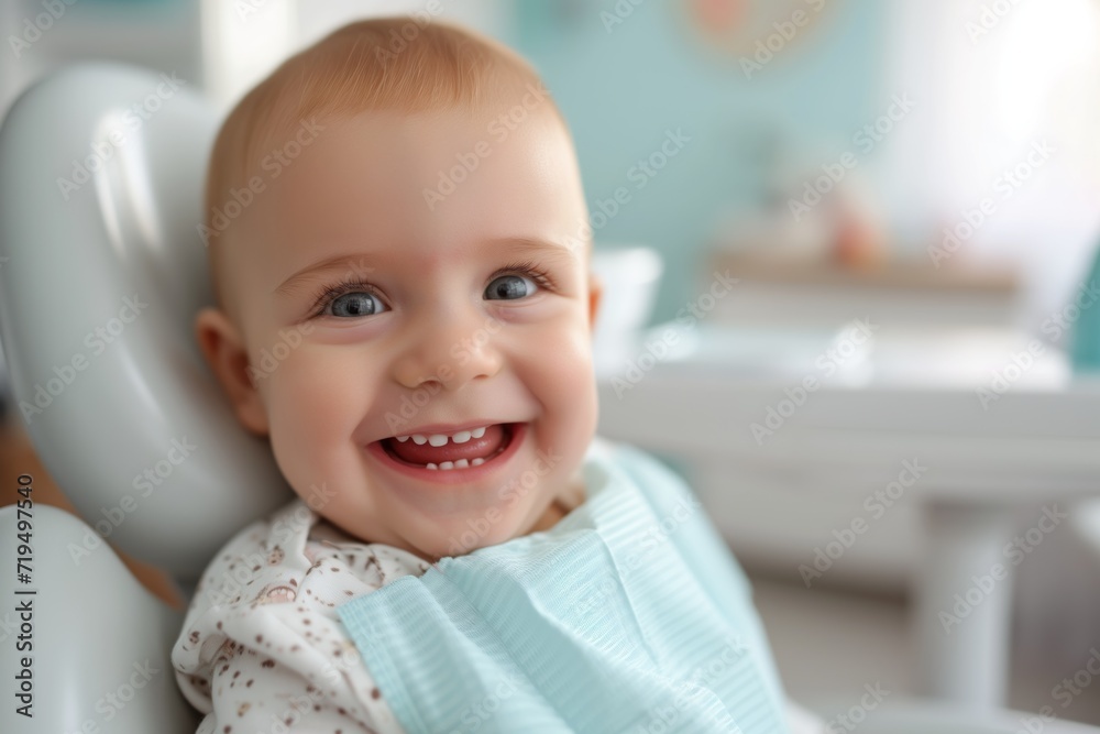 Happy Baby Showcasing Pearly Whites In Dentist Chair, Ideal For Pediatric Dentistry