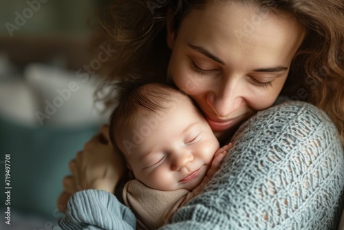 Happy Mom Lovingly Holds Her Peacefully Sleeping Newborn At Home