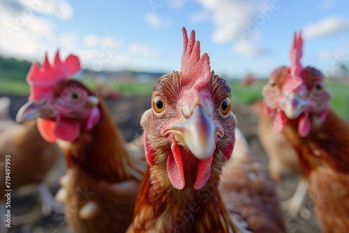 Hungry Chickens Eagerly Await Their Meal As They Curiously Gaze At The Camera © Anastasiia