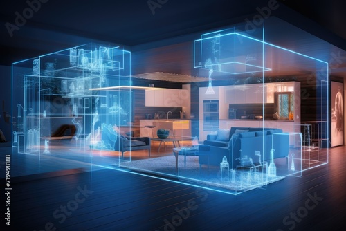 Modern house interior with a digital hologram effect  Interior of modern living room with glowing lights. 3D rendering. AI generated