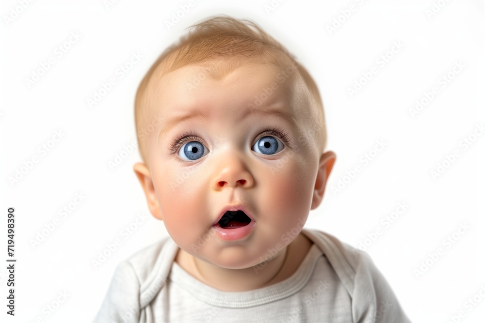 Delightful Infant With A Startled Look, Standing Alone On A White Surface Delightful Infant With A Startled Look, Standing Alone On A White Surface