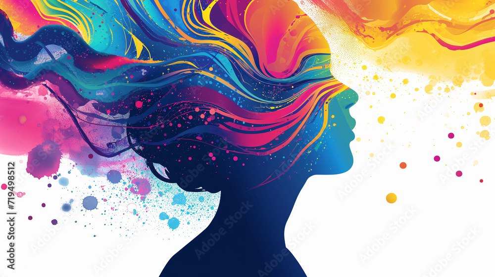 Colorful Lines Radiate from Woman's Profile. Neurodiversity Concept. Abstract banner for neuro diversity month celebration. - obrazy, fototapety, plakaty 