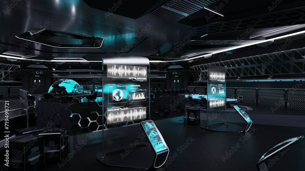  Inside view of the mission control center. Command center, control room, futuristic design, smart cities, data center, conference room, high tech