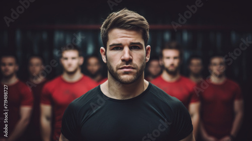 Man stands confidently in front of group of men. This image can be used to represent leadership, teamwork, or mentor guiding others