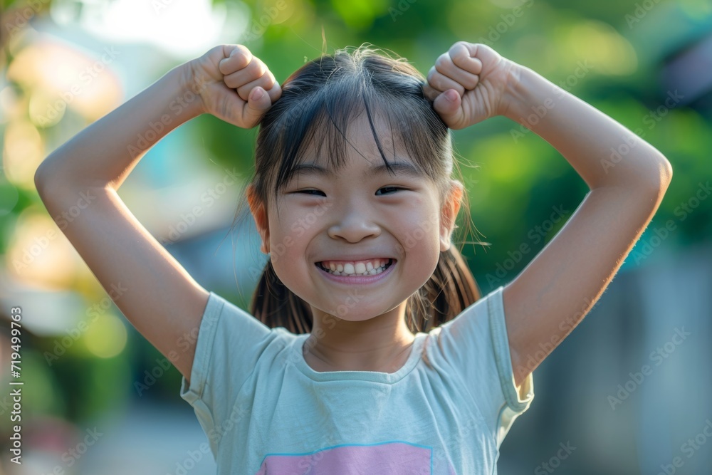 Smiling Asian Girl Proudly Flexes Her Arms, Showcasing Her Strength And Happiness Smiling Asian Girl Proudly Flexes Her Arms, Showcasing Her Strength And Happiness