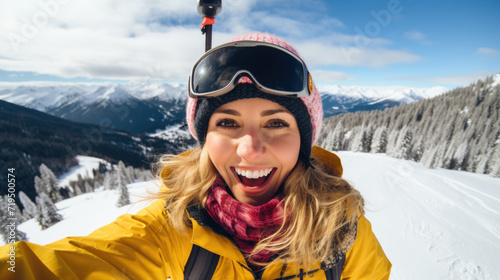 Woman capturing selfie on ski slope. Perfect for showcasing winter sports activities