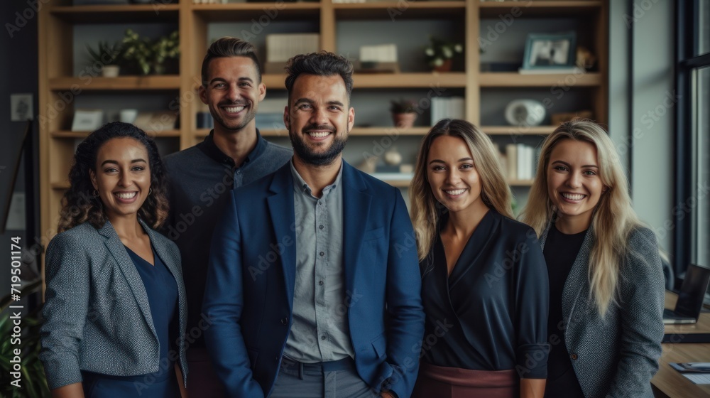 Portrait of laughing bussines team standing in office room. Portrait of laughing bussines team standing in office room.