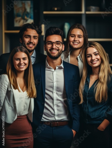 Portrait of laughing bussines team standing in office room. 