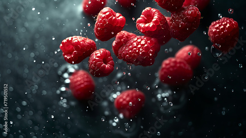  red raspberries falling off of a black surface in