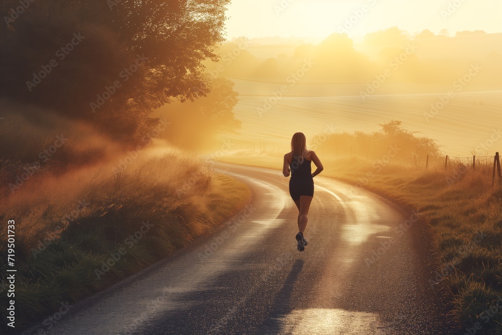 Promoting A Healthy Lifestyle: Woman Exercising On A Country Road At Sunrise