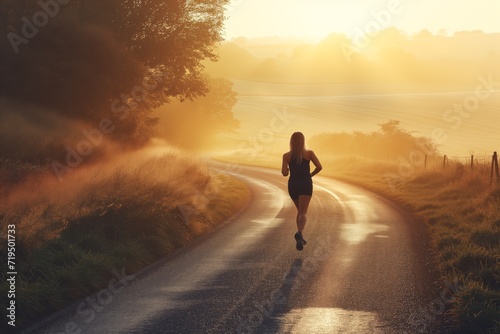 Promoting A Healthy Lifestyle: Woman Exercising On A Country Road At Sunrise