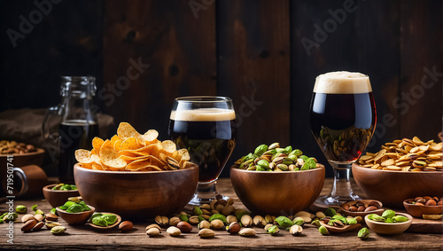 glasses with dark beer, various snacks on the table
