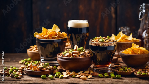 glasses with dark beer, variety snacks on the table