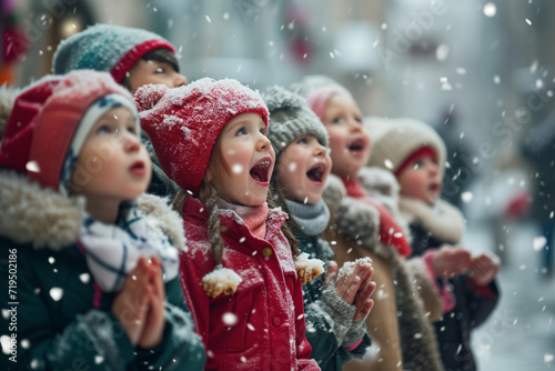 Young Children In Winter Clothes Singing Christmas Carols On Snowy Street