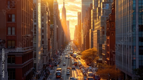 New York City's Skyline in Warm Hues. Skyscrapers Reflecting Dynamic Energy and Bustling Streets Below Capture the Essence of Urban Life