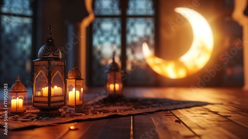 the Spirit of Ramadan, Featuring a Mosque, Crescent Moon, and Lanterns, Enhanced by Meticulous Lighting and Shadows for Depth and Realism