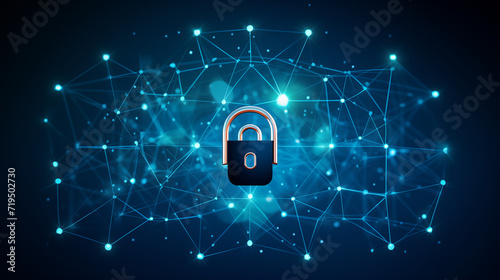 Cyber security concept. Lock symbol from lines and triangles, point connecting network on blue background