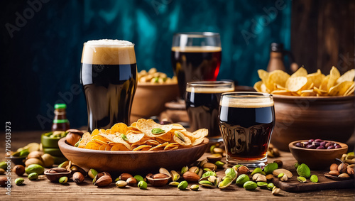 glasses with dark beer  various snacks on the table tasty