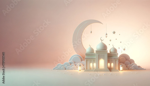 3D Ramadan Kareem celebration background illustration with a crescent moon and lanterns.