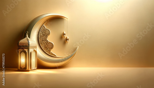 3D Ramadan Kareem celebration background illustration with a crescent moon and lanterns.