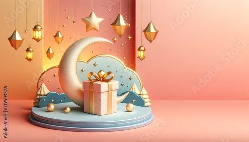 3D Ramadan Kareem celebration background illustration with a crescent moon, hanging lanterns, stars, clouds, and a beautifully wrapped gift. photo