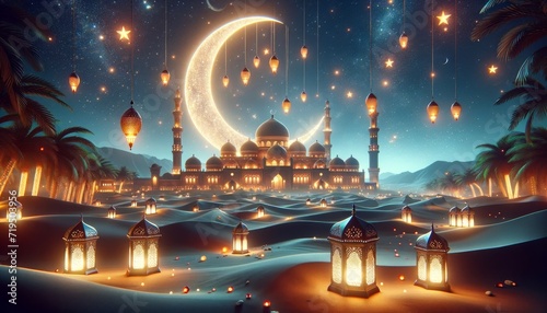 Ramadan Kareem celebration background illustration with Mosque, arabic lanterns and moon.