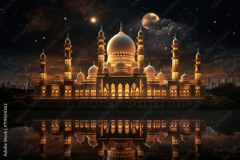 The beautiful serene mosque at night The beautiful serene mosque at night in the blessed month of Ramadan. AI generated