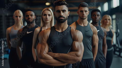Group of athletic men and women stand together in the background of a gym