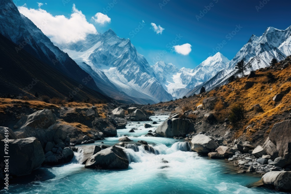 Mountain river in the Himalayas, Mountain landscape with river and blue sky in Himalayas ,Baishui River. Ai generated