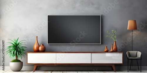 Television put on tv stand wood table, in minimal empty space luxury room background