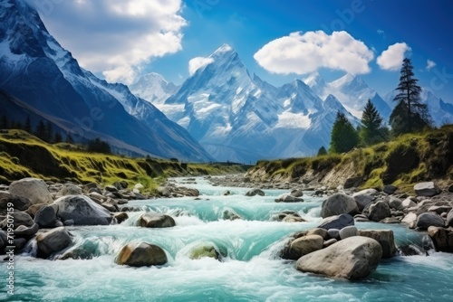 Mountain river in the Himalayas  Mountain landscape with river and blue sky in Himalayas  Baishui River. Ai generated