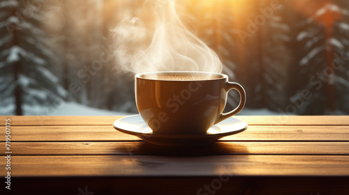 Cup of hot coffee on wooden table. Perfect for cozy mornings or coffee shop scenes