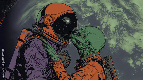 Astronaut in a spacesuit kisses an alien in open space.