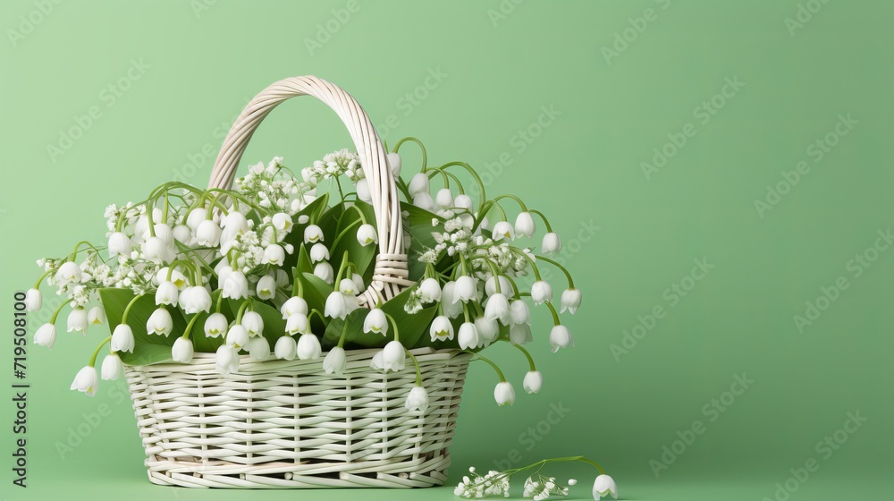 Beautiful white snowdrop flowers in a basket on light green spring background with copy space