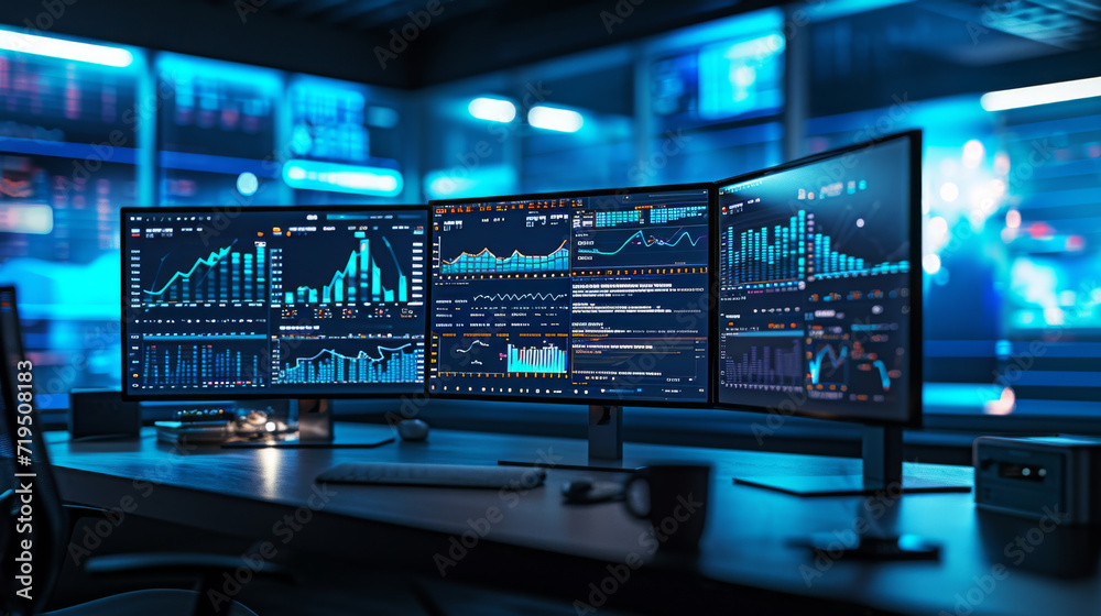 high-tech workstation with multiple computer monitors displaying graphs and analytical data