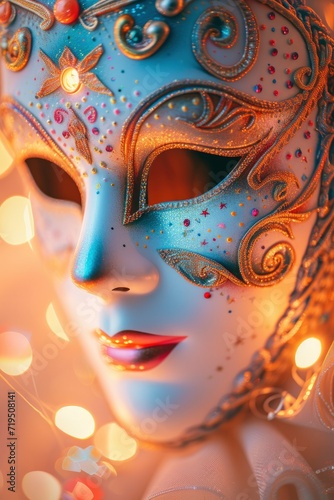 Carnival Mask Concept. Close-Up of Mask on Bokeh Background.