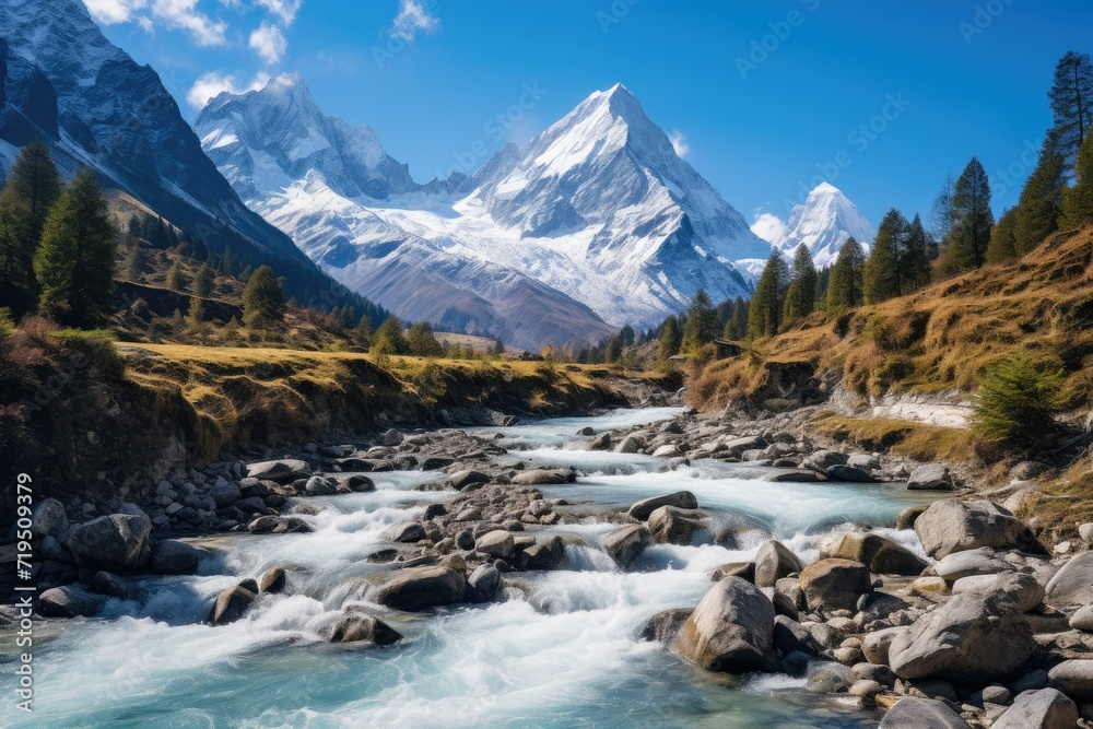 Mountain river in the Himalayas, Mountain landscape with river and blue sky in Himalayas ,Baishui River. Ai generated