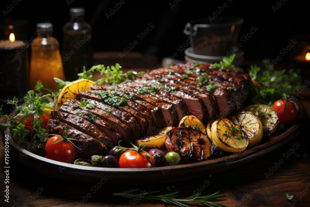 Grilled fillet steak fresh vegetable salad rustic wood generated by, generative IA