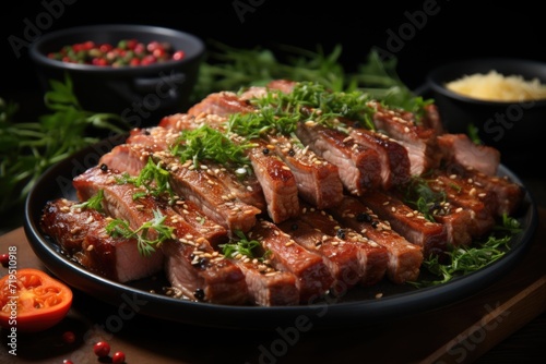 Sliced ??pork steak covered with white sesame and fresh pepper seeds together., generative IA