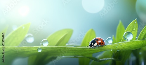 Ladybug on white flower with bright minimalistic background, perfect for spring concept and design. © Ilja