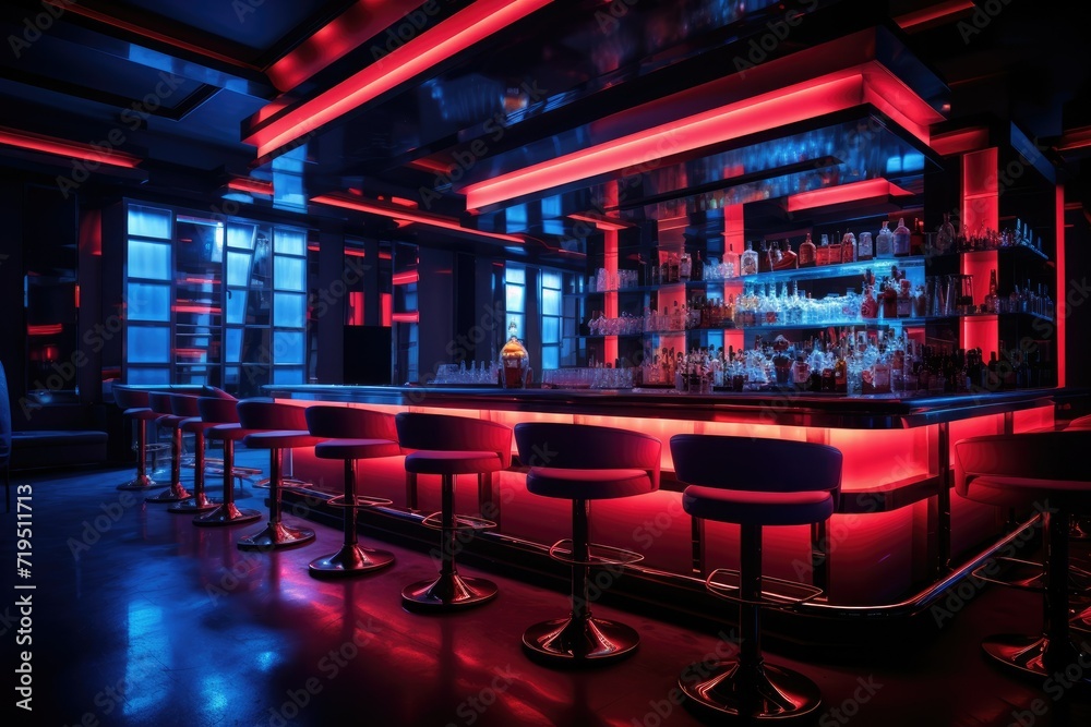 Interior of a night club with bar counter with chair, colorful interior of bright and beautiful night club Ai generated