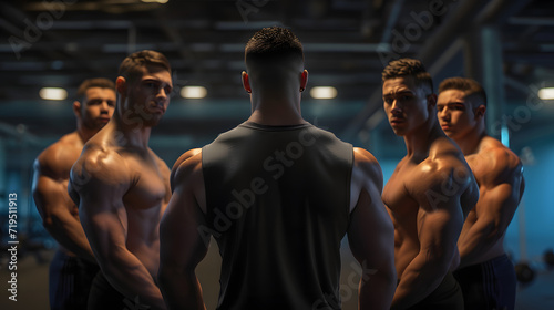Group of athletic men stand together in the background of a gym, 