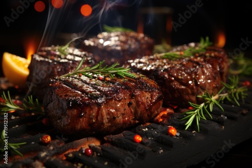 Grilled steaks with spices and herbs on the Outdoorai Generative barbecue, generative IA