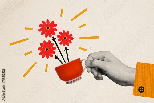 Composite collage picture of black white colors arm hold hearbal tea mug drawing flowers isolated on paper beige background photo