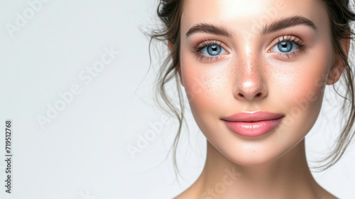 Close-up view of woman with freckles on her face. This image can be used to portray natural beauty and individuality