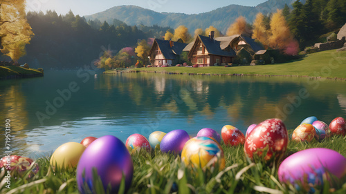 easter  lake  landscape  grass  water  nature  sky  egg  eggs  green  spring  holiday  mountain  mountains  