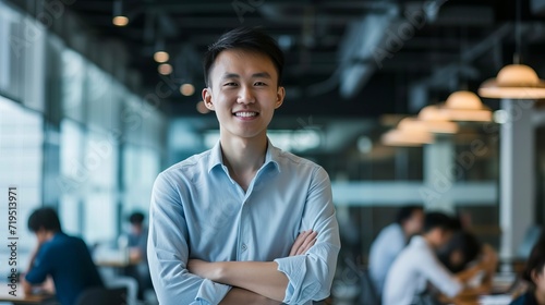 Confident and successful asian man smiling and looking determined in business attire