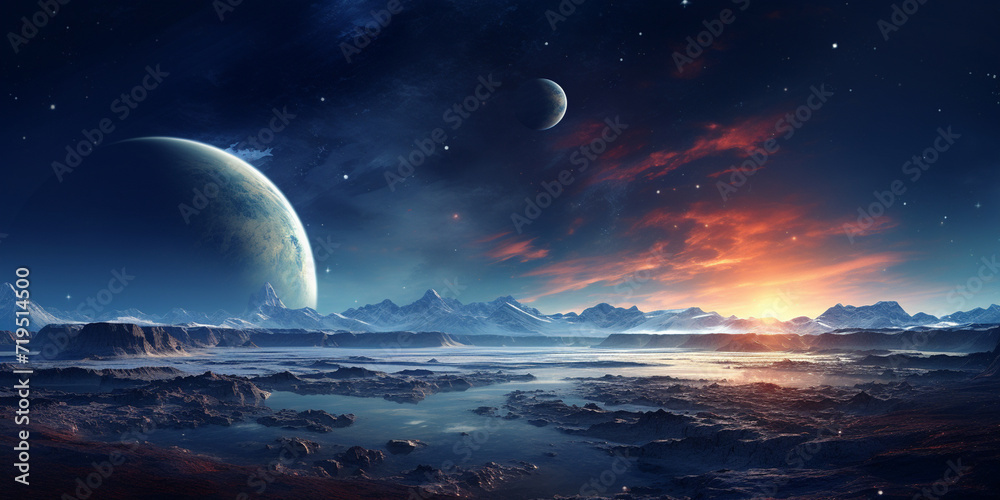 Alien planet landscape, Realistic Landscape In The Style Of Landscapes With Soft Edges, Fantasy Galaxy Powerpoint And Slide Background, Arafed view of a planet with a distant horizon 
