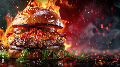 Large hamburger engulfed in flames  creating striking visual. Perfect for illustrating fire  heat  or intense situations.